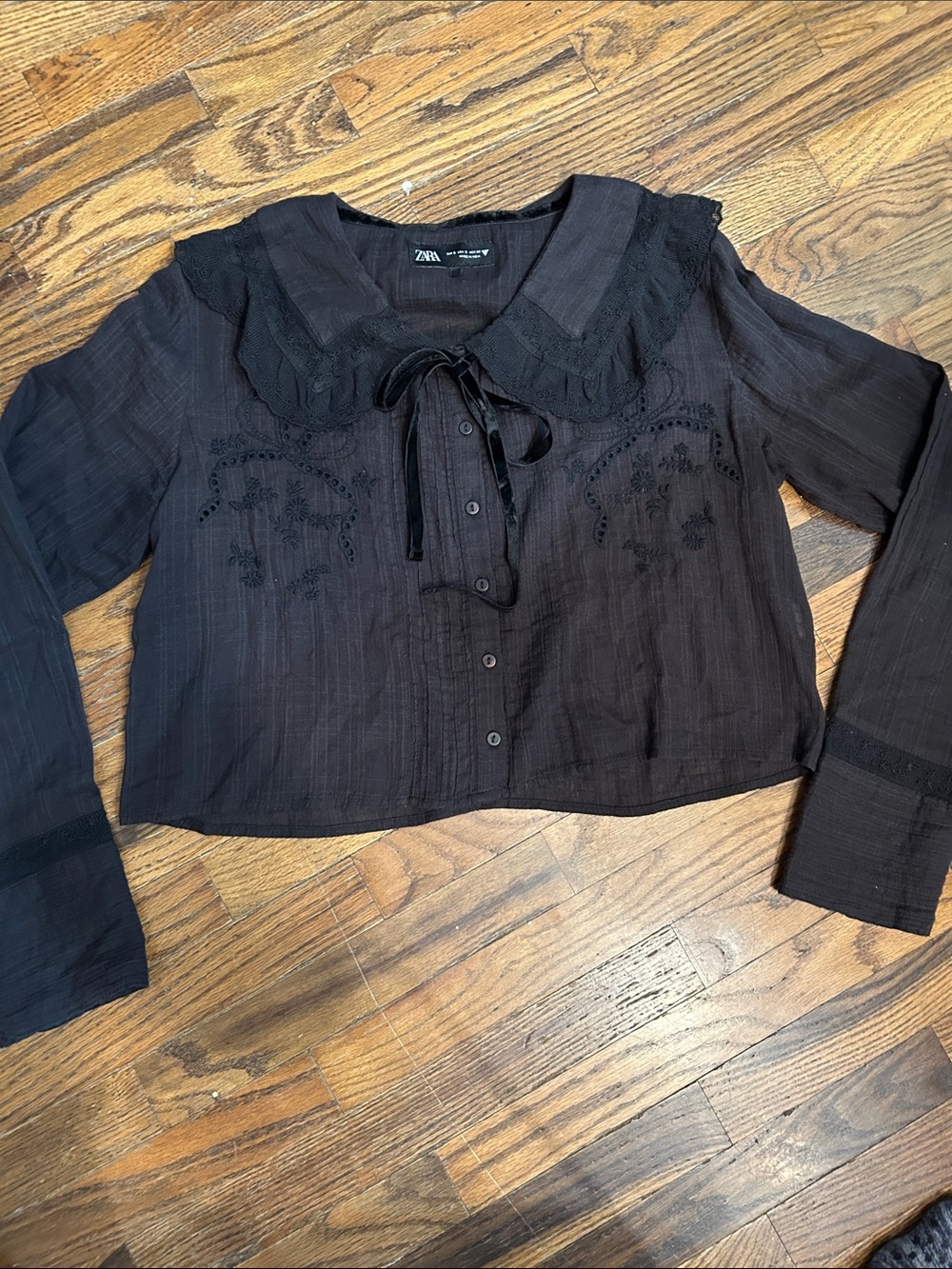 Zara Black Tie-Neck Embroidered Blouse